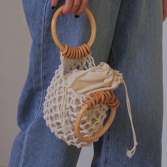 Wooden Ring Net Bag Lined Woven Beach Bag - Picture 8 of 12